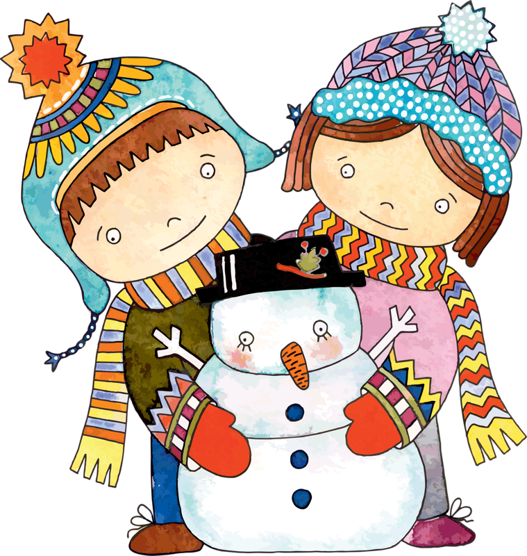 Childrenand Snowman Winter Clipart PNG image