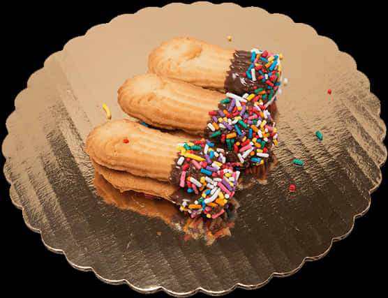 Chocolate Dipped Sprinkle Cookieson Gold Platter.jpg PNG image