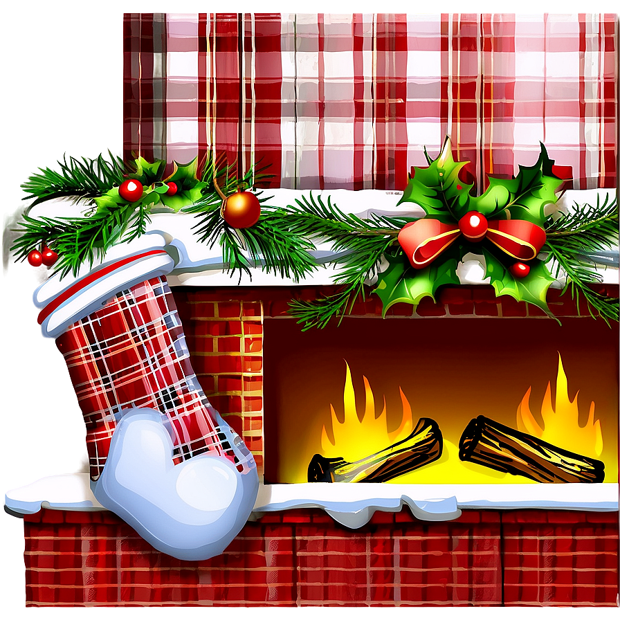 Christmas Fireplace With Plaid Decor Png Xbk43 PNG image