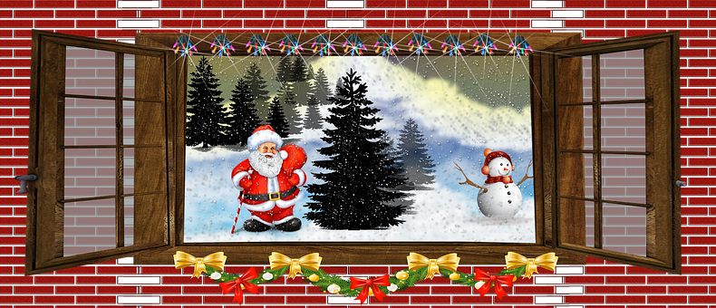 Christmas Santa Snowman Window Scene.jpg PNG image