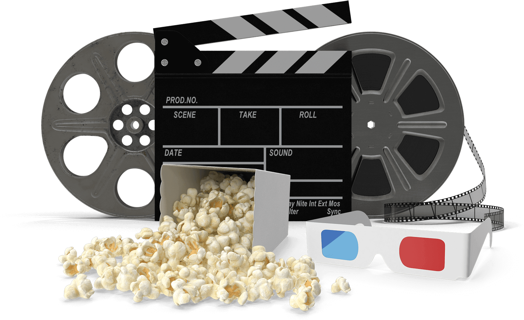 Cinema Elements Clapperboard Film Reel Popcorn3 D Glasses PNG image