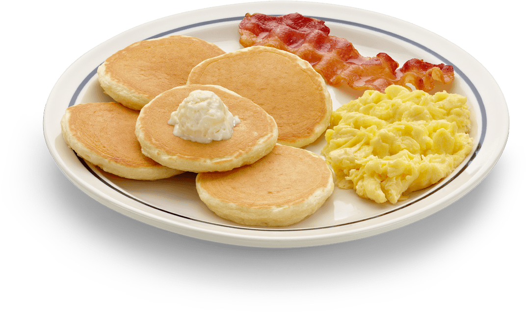 Classic American Breakfast Pancakes Bacon Eggs PNG image