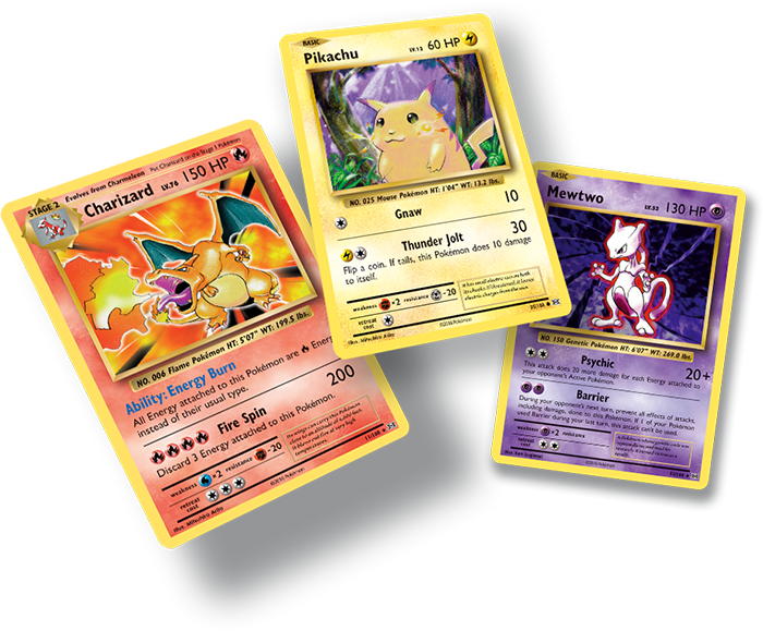 Classic Pokemon Cards Charizard Pikachu Mewtwo PNG image