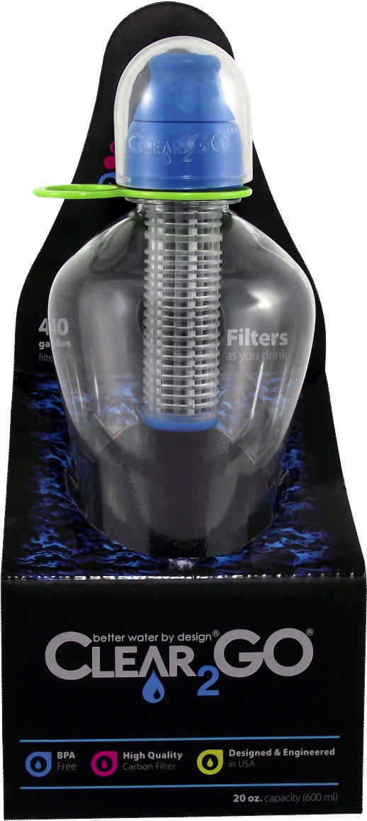 Clear2 Go Water Bottlewith Filter Packaging PNG image