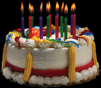 Colorful Birthday Cakewith Lit Candles PNG image