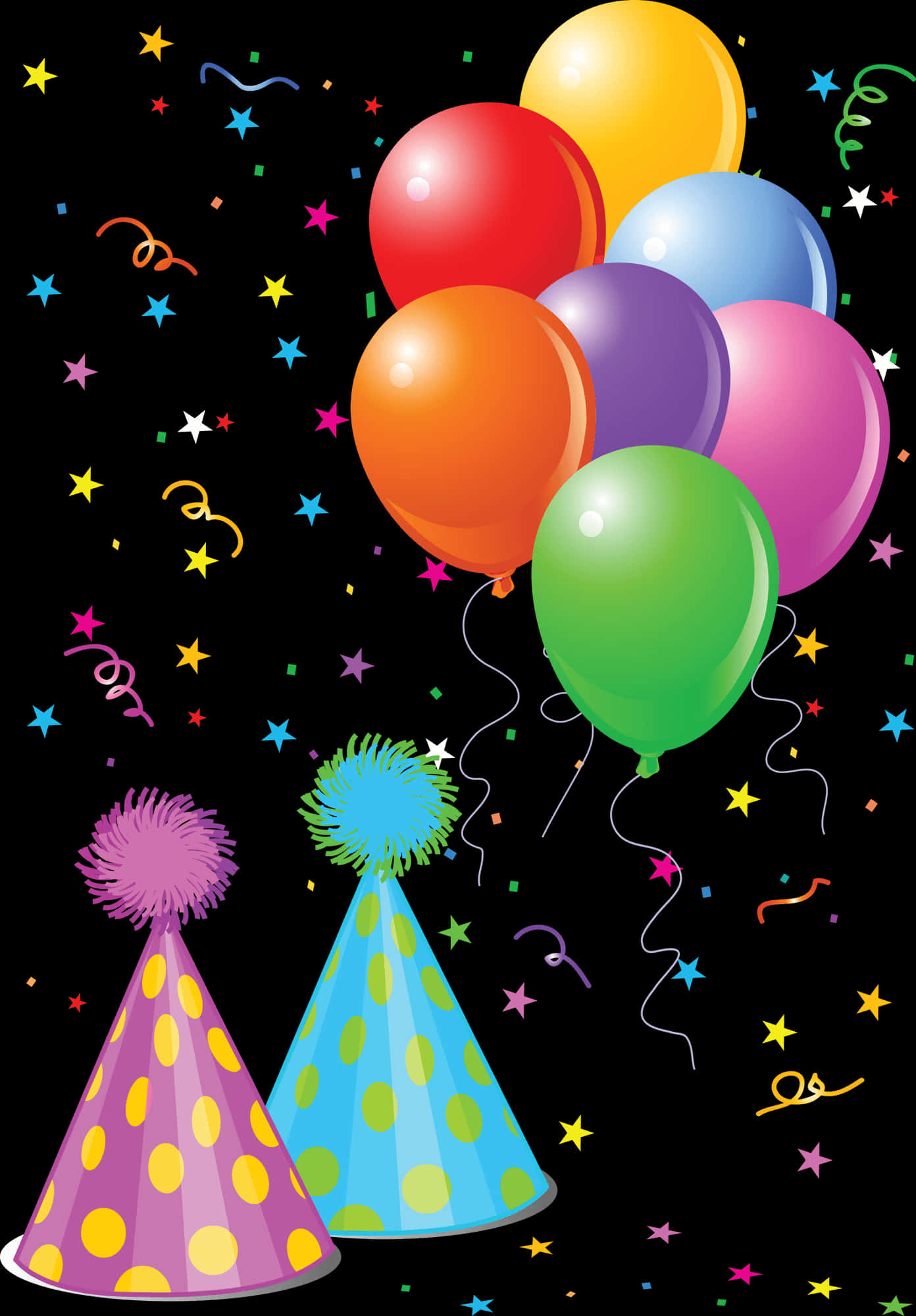 Colorful Birthday Party Hatsand Balloons PNG image