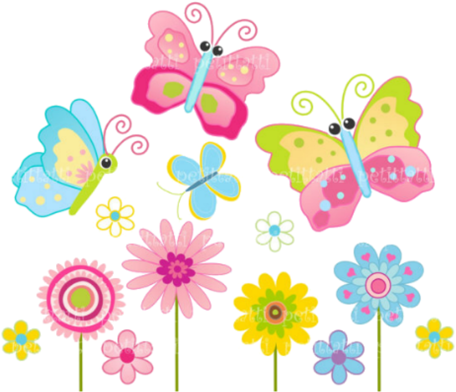 Colorful Butterfliesand Flowers Clipart PNG image