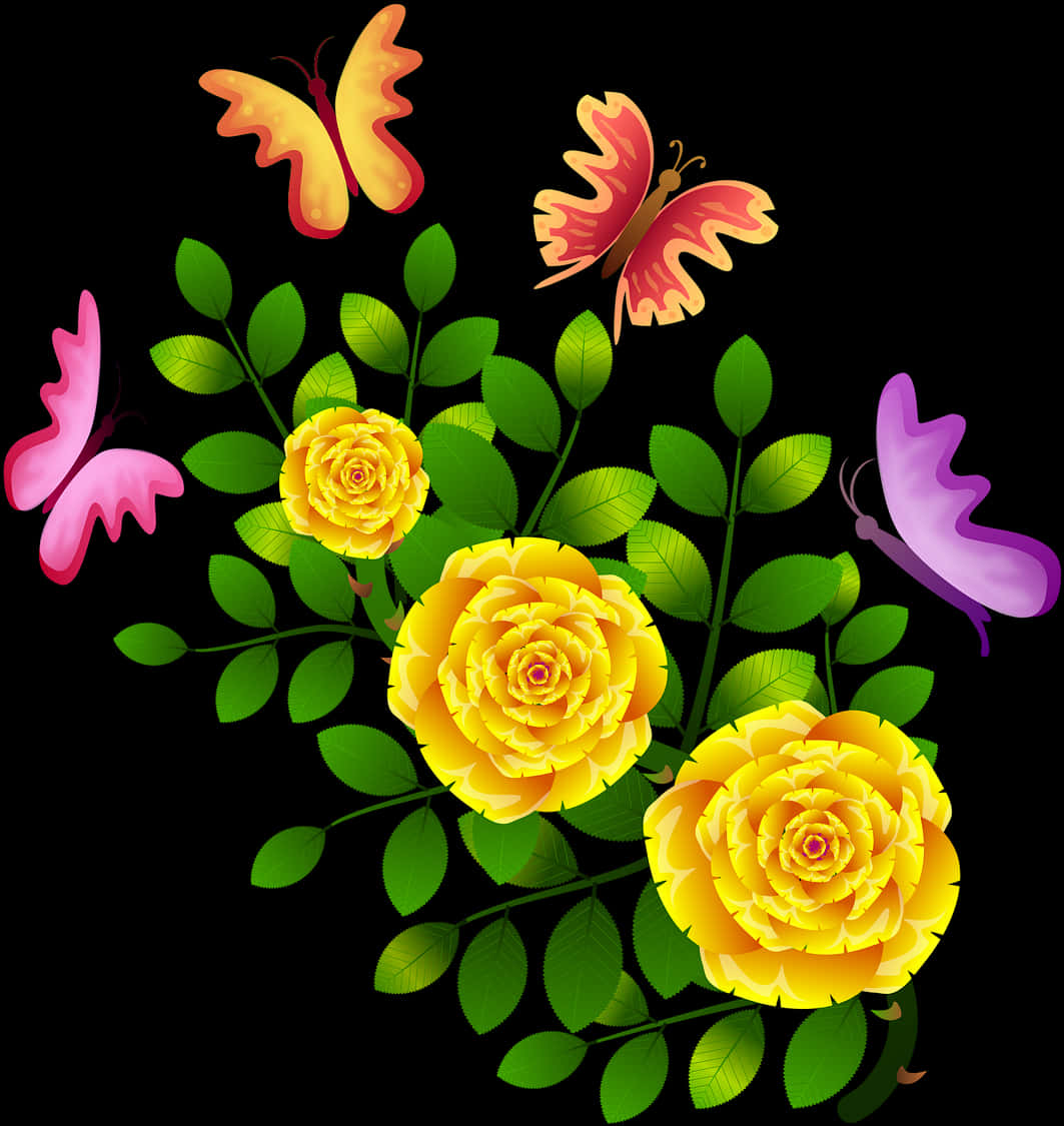 Colorful Butterfliesand Yellow Roses PNG image