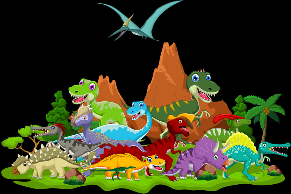 Colorful Cartoon Dinosaurs Gathering PNG image