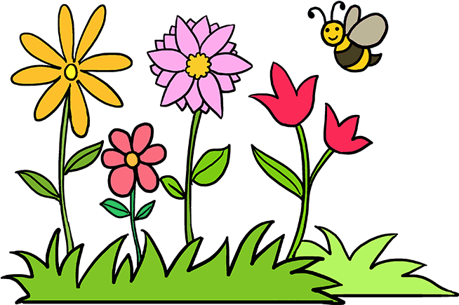 Colorful Cartoon Flowersand Bee PNG image