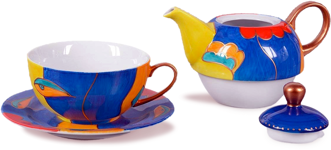 Colorful Ceramic Teacupand Teapot Set PNG image