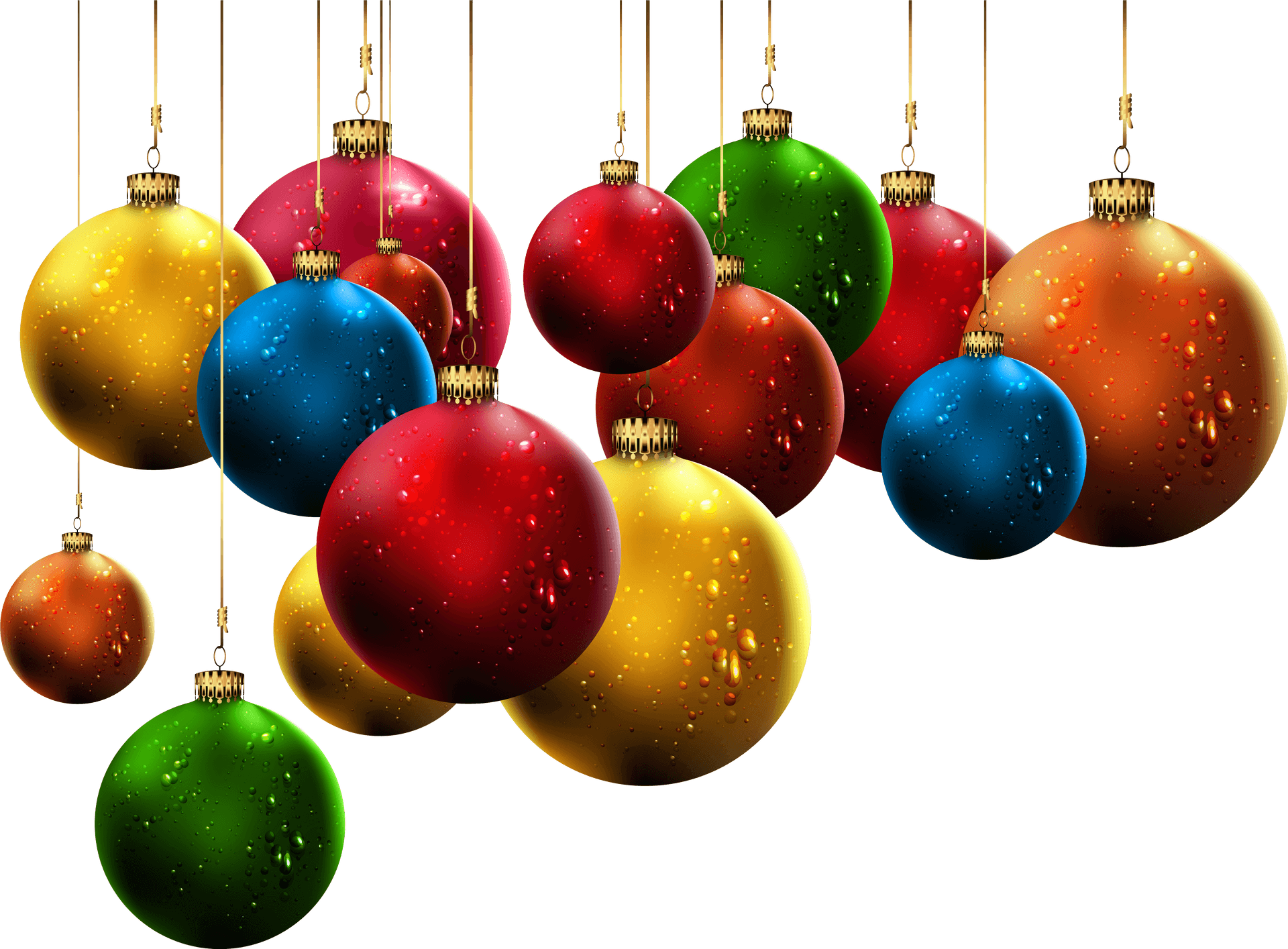 Colorful Christmas Baubleswith Dew Drops PNG image