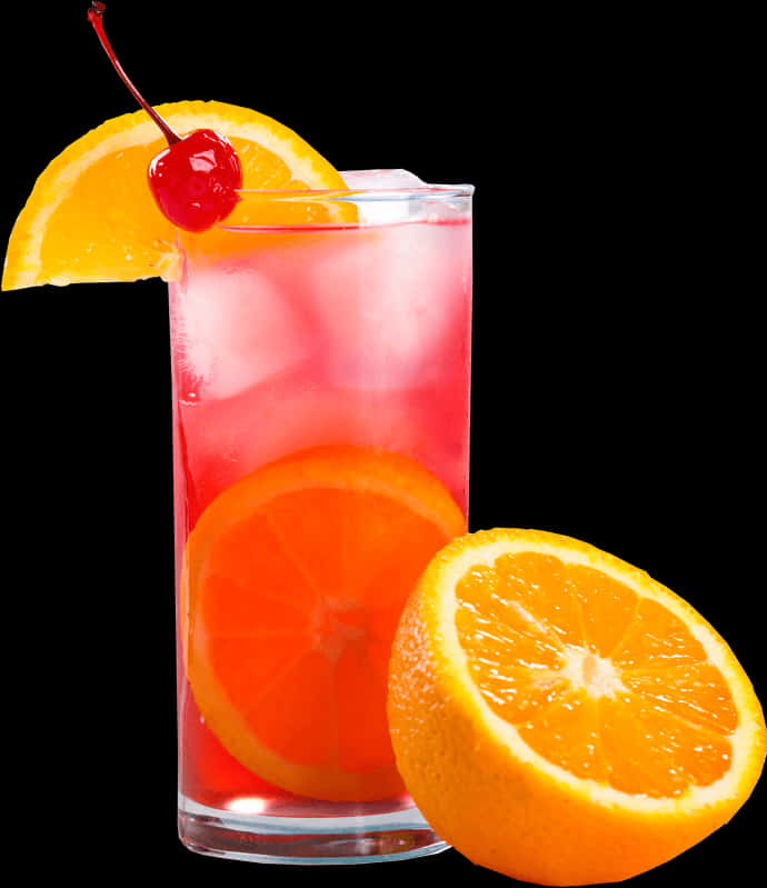 Colorful Cocktailwith Orangeand Cherry Garnish PNG image