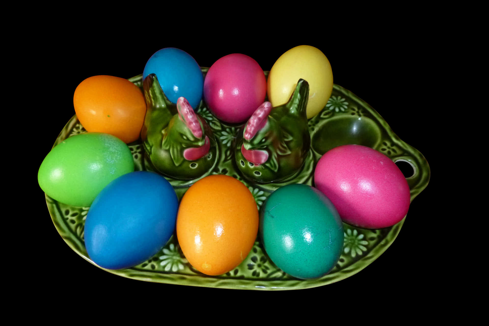 Colorful Easter Eggson Ceramic Bunny Plate PNG image