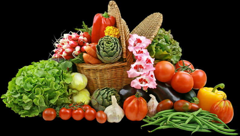 Colorful Fresh Vegetablesand Flowers Basket PNG image