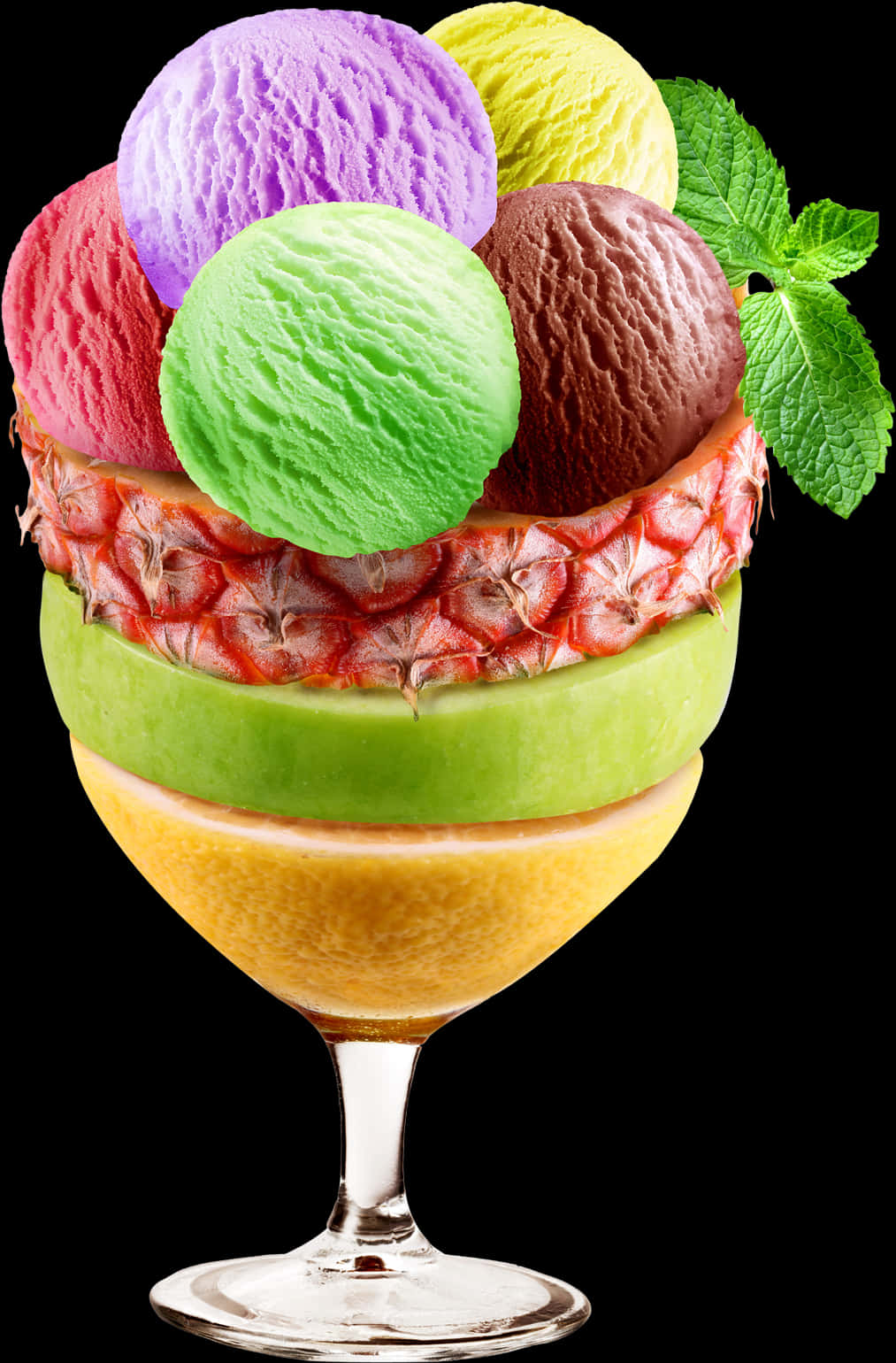 Colorful Ice Cream Scoopsin Fruit Cup PNG image