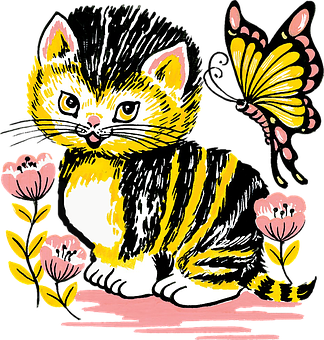 Colorful Kittenand Butterfly Illustration PNG image