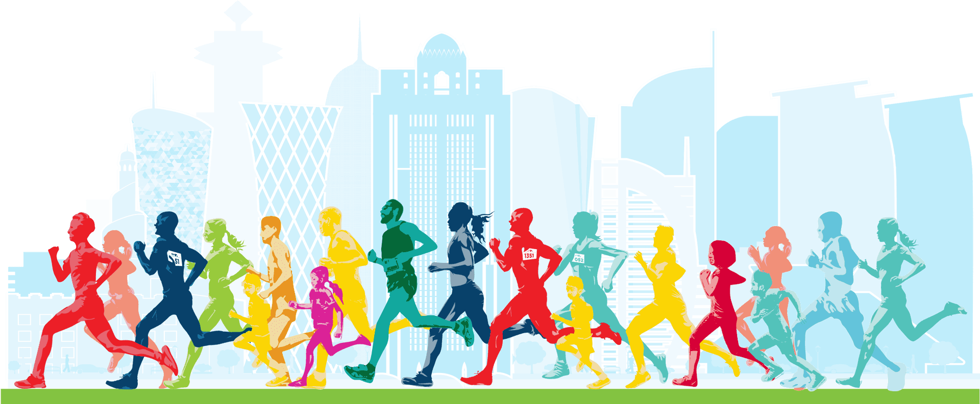 Colorful Marathon Runners Qatar Skyline PNG image