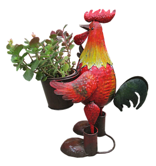 Colorful Metal Rooster Planter PNG image