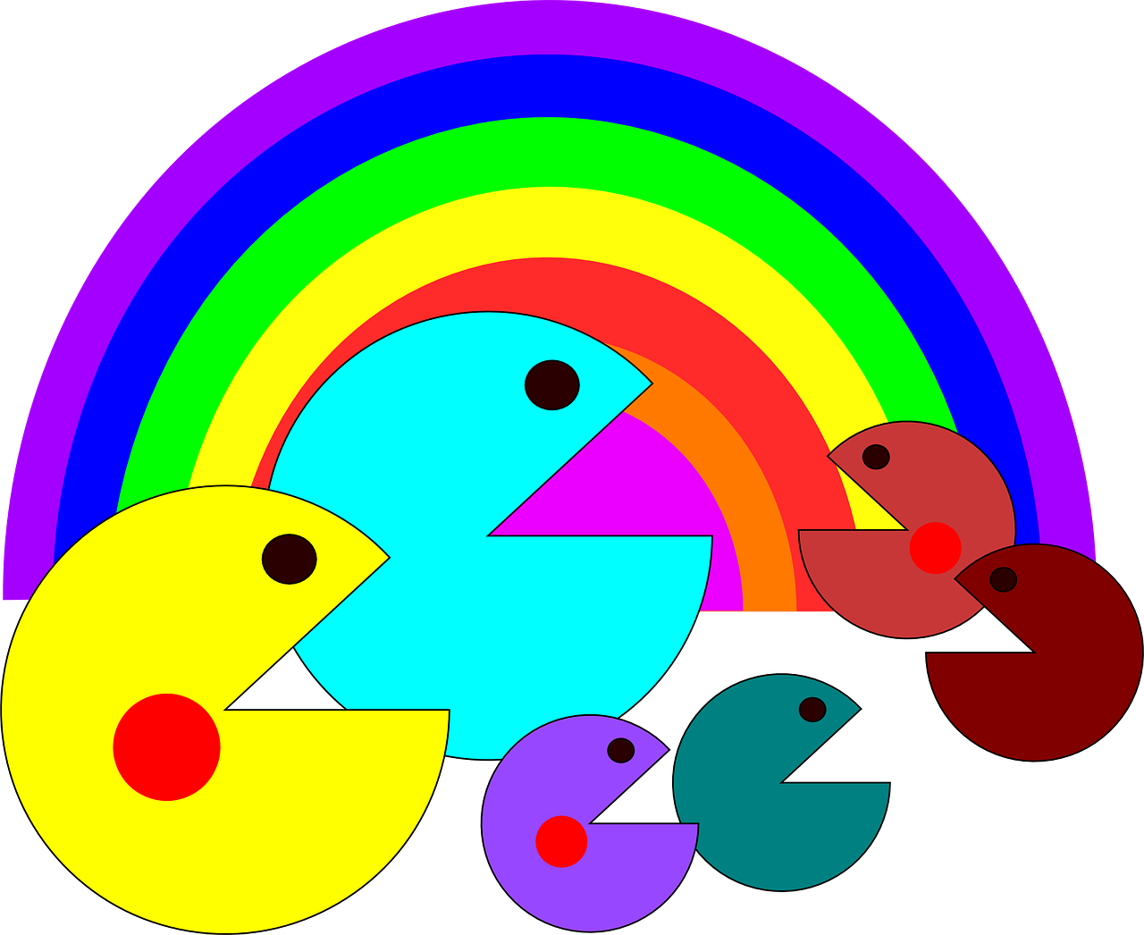 Colorful Pac Manand Ghostswith Rainbow PNG image