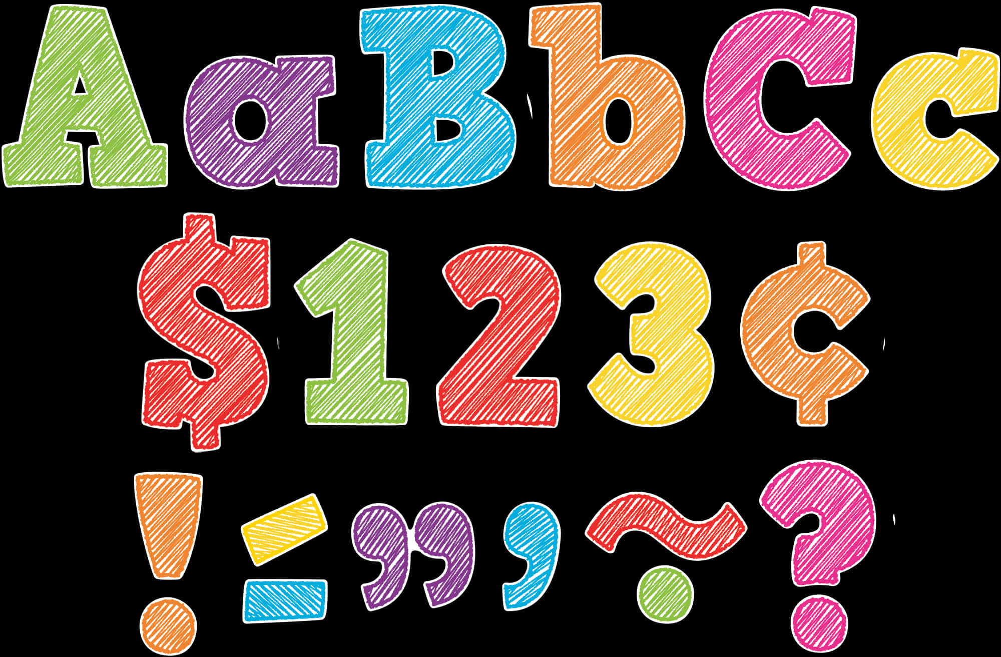 Colorful Scribbled Alphabetand Numbers PNG image