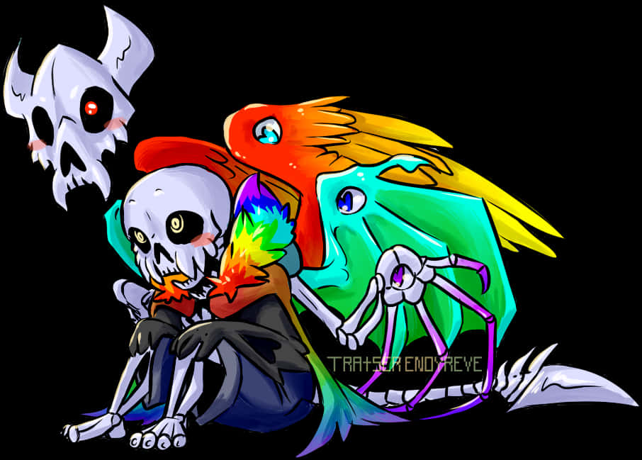 Colorful Skeletonand Creature Art PNG image
