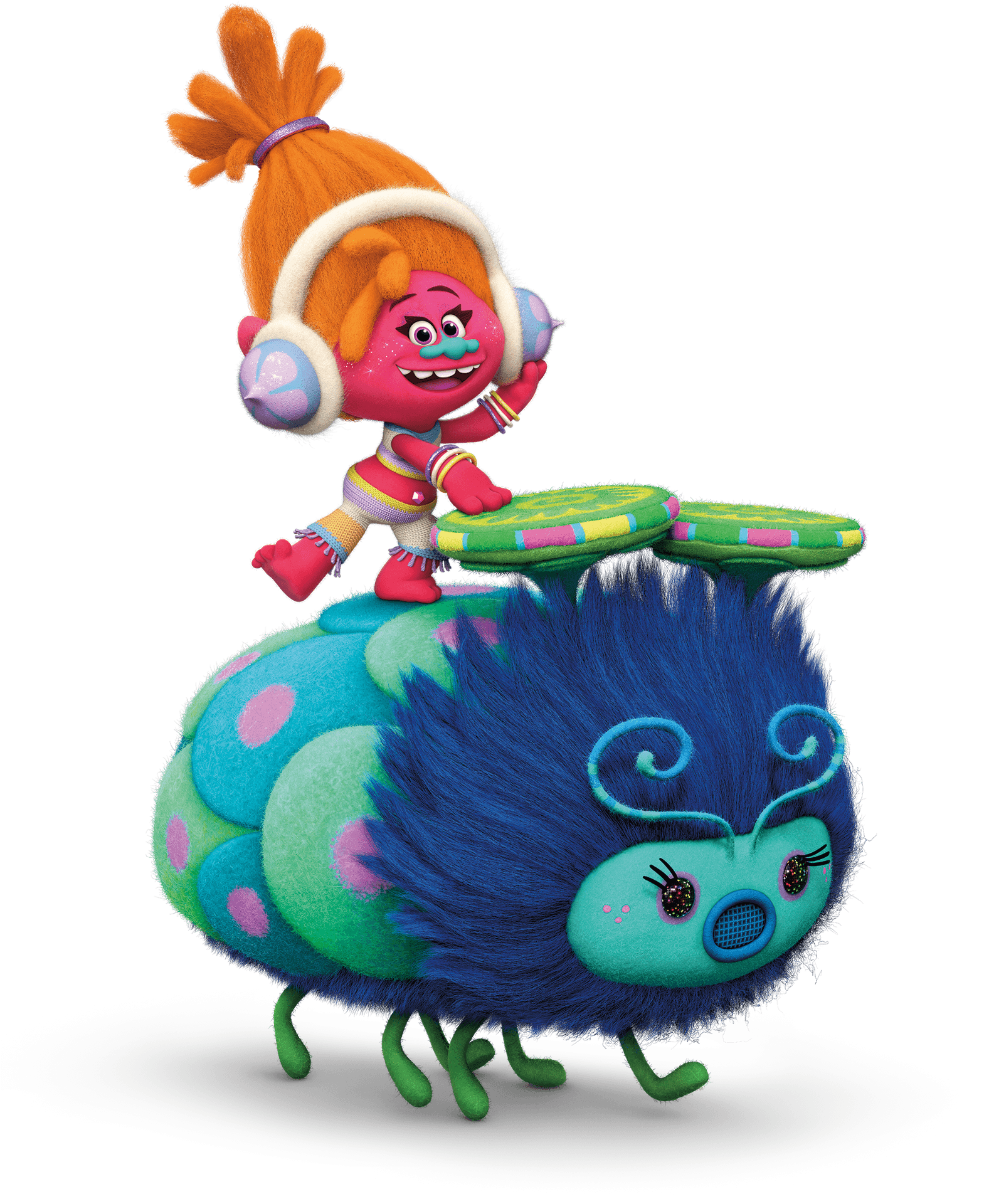 Colorful Troll Character Riding Caterpillar PNG image