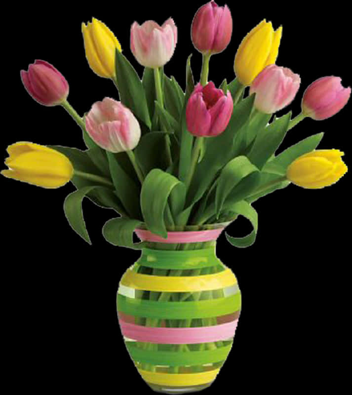 Colorful Tulipsin Striped Vase PNG image