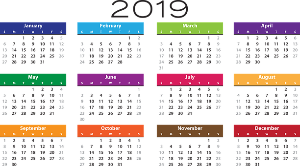 Colorful2019 Calendar Overview PNG image