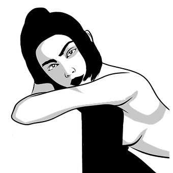 Contemplative Girl Blackand White Illustration PNG image