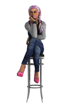 Contemplative3 D Animated Womanon Stool PNG image