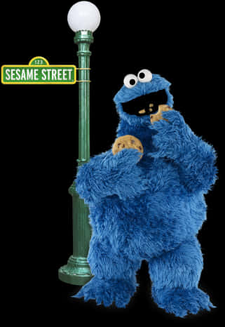 Cookie Monster Nextto Sesame Street Sign PNG image
