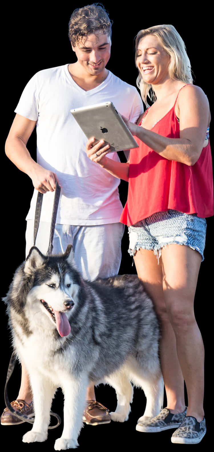 Coupleand Dog Walking With Tablet PNG image
