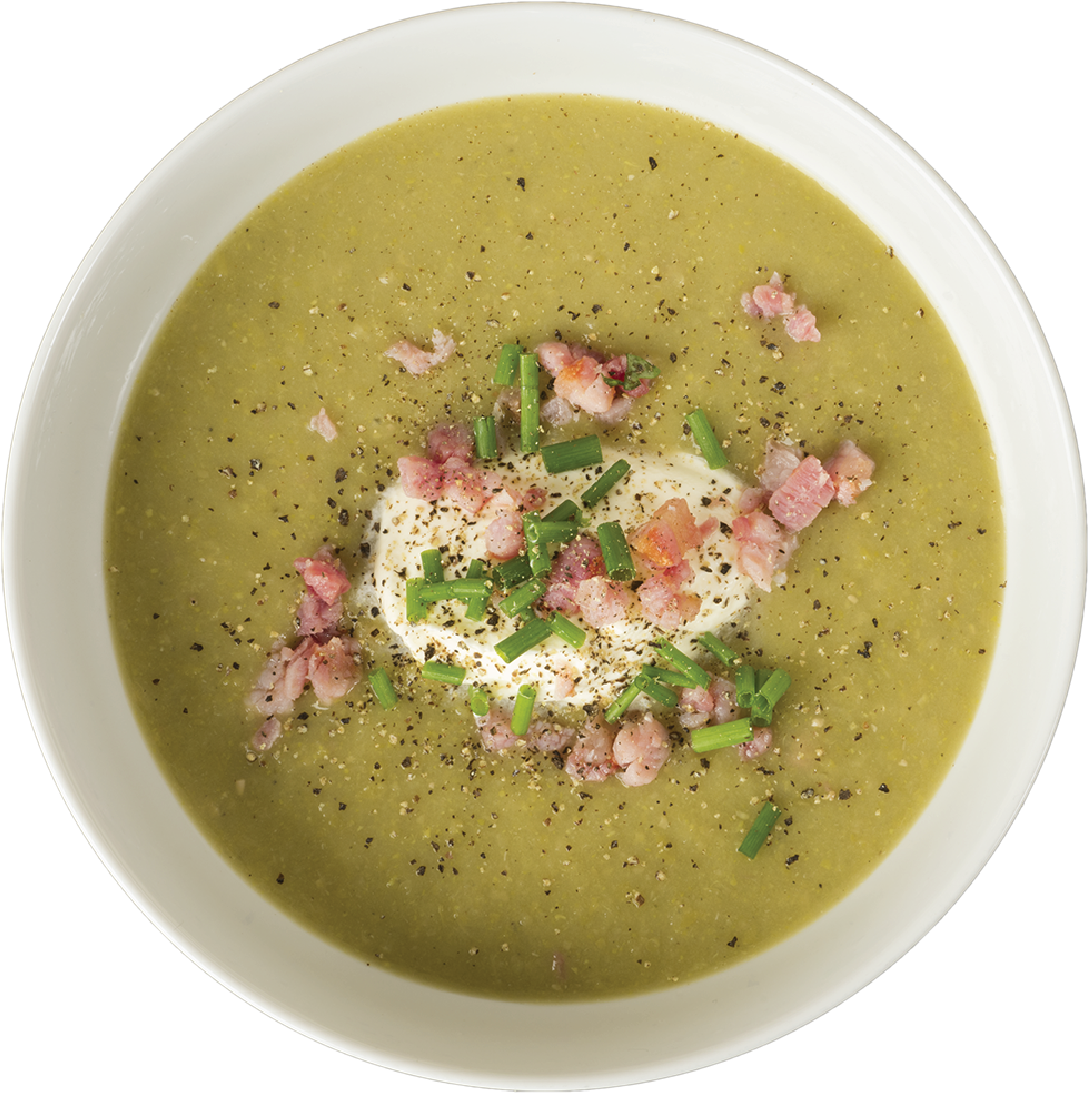 Creamy Green Soupwith Bacon Topping PNG image