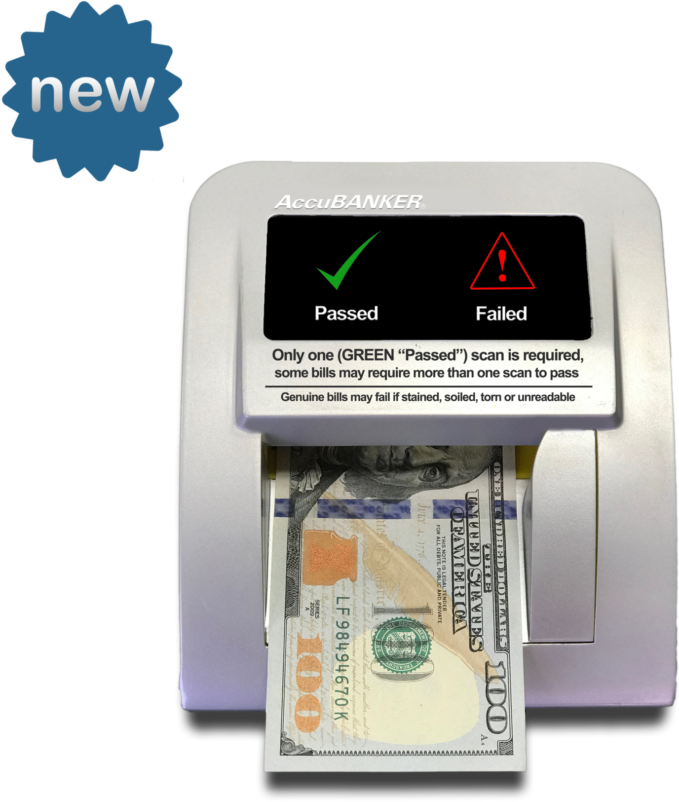 Currency Authentication Machine Displaying Passed100 Dollar Bill PNG image