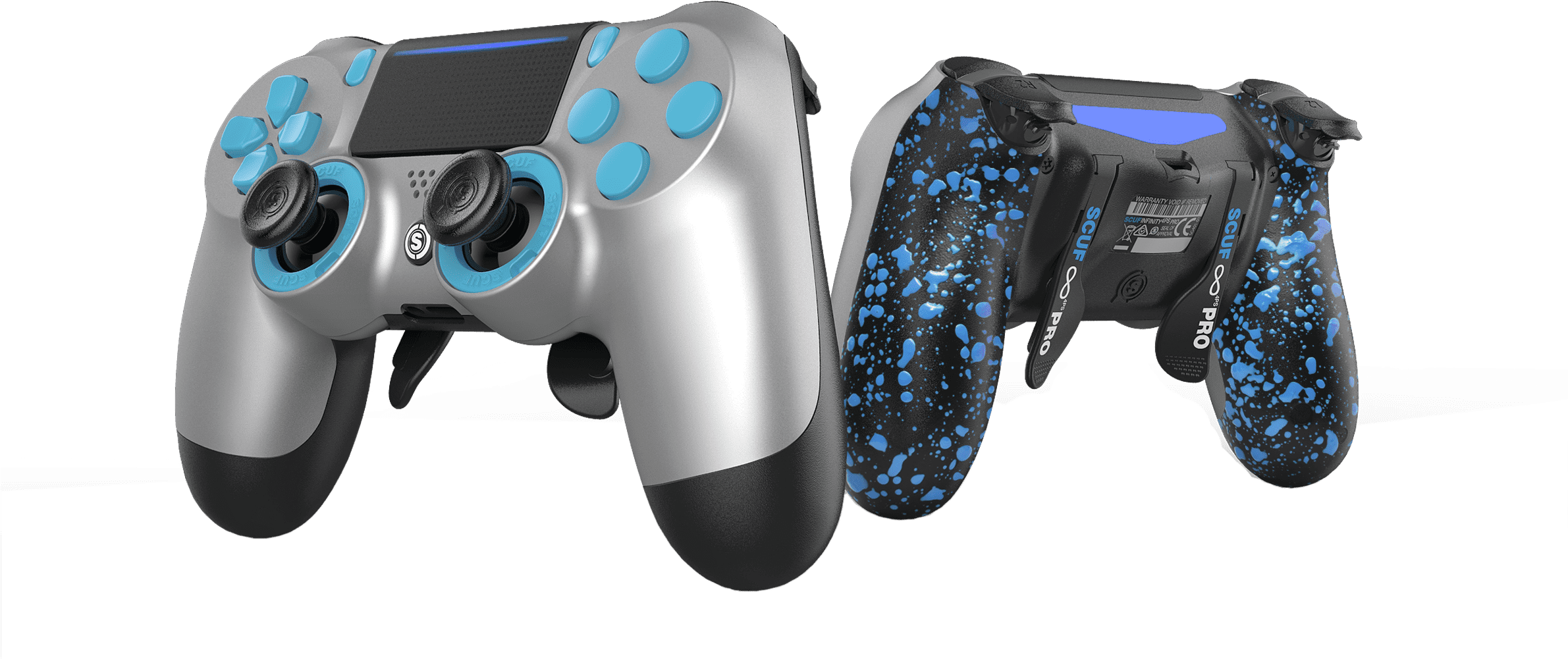 Custom Dual Shock4 Controllers Silver Blue Splatter PNG image