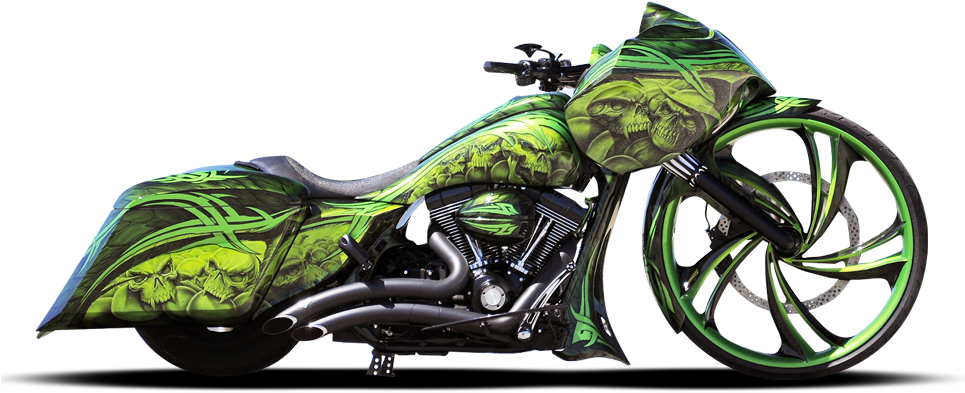 Custom Green Skull Themed Motorcycle PNG image
