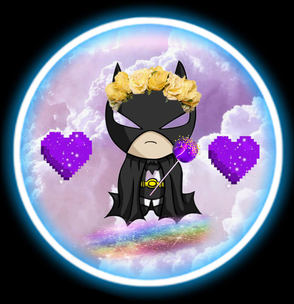 Cute Batmanwith Flower Crownand Lollipop PNG image