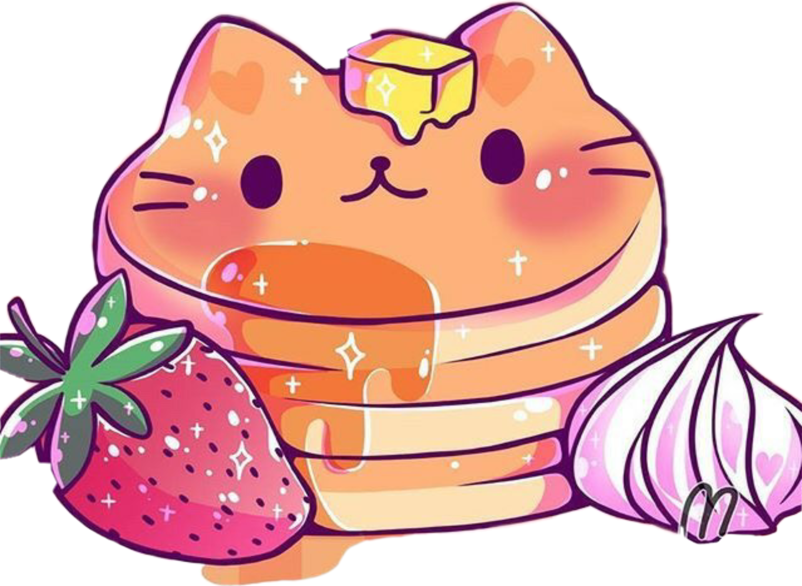 Cute Cat Pancake Strawberry Onion Illustration PNG image