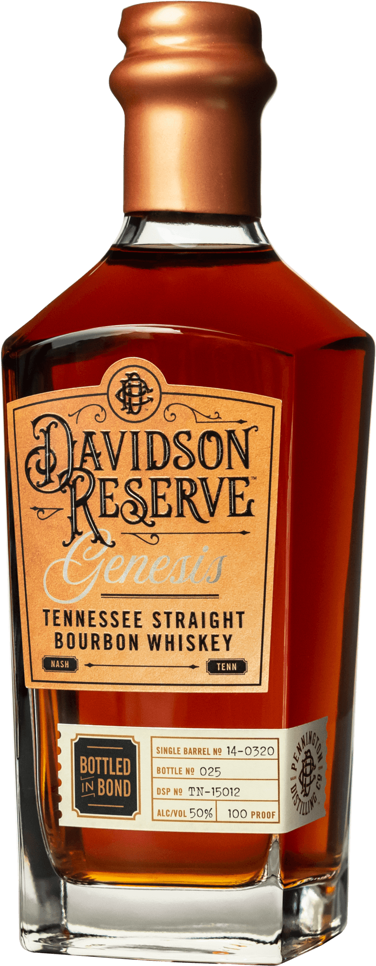 Davidson Reserve Genesis Tennessee Straight Bourbon Whiskey Bottle PNG image