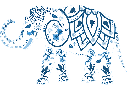 Decorative Blue Patterned Elephant PNG image