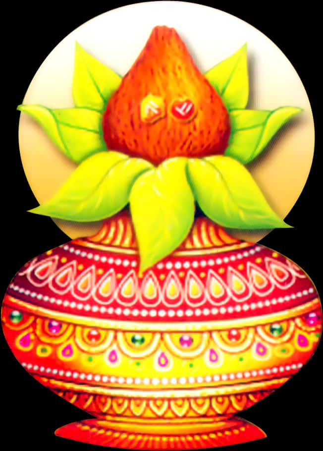 Decorative Kalash With Coconutand Mango Leaves PNG image