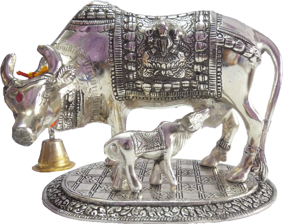 Decorative Silver Cowand Calf Statue PNG image