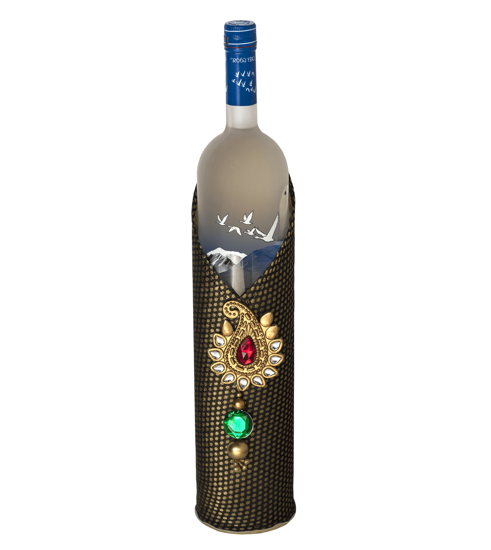 Decorative Wine Bottlewith Jeweled Netting PNG image