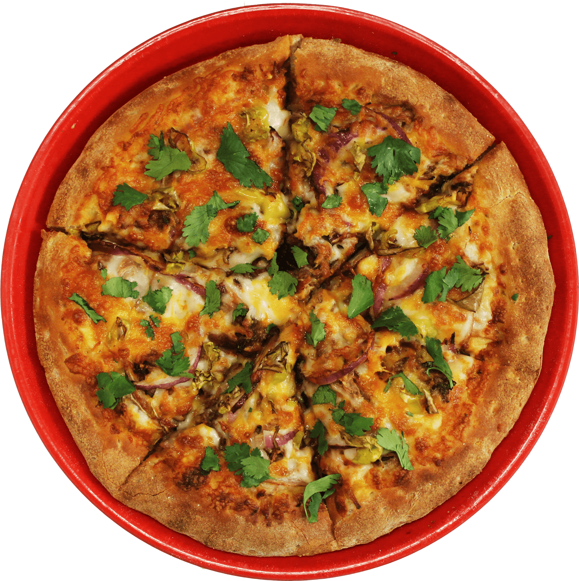 Delicious Pizzaon Red Plate PNG image