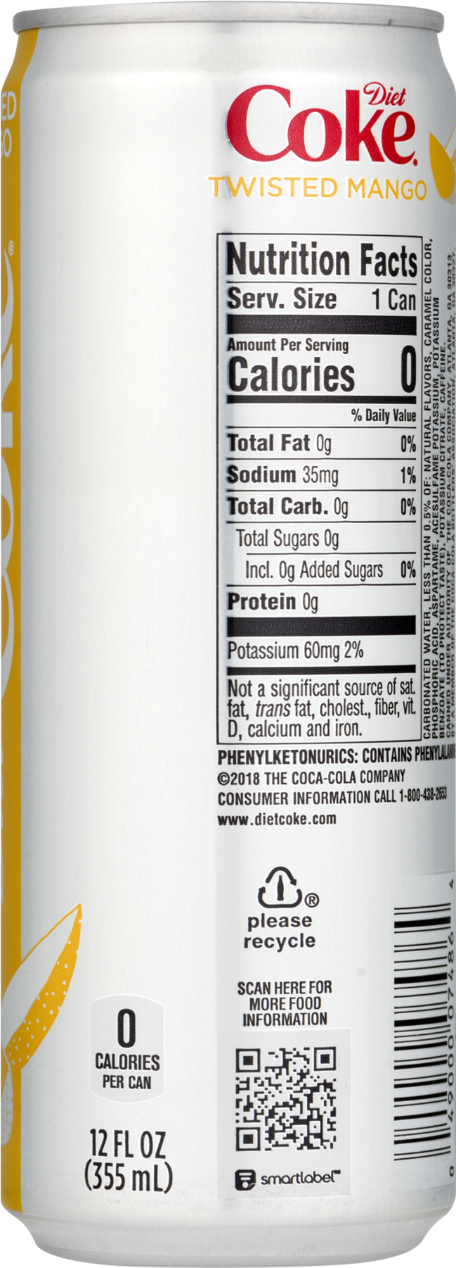 Diet Coke Twisted Mango Can Nutrition Label PNG image