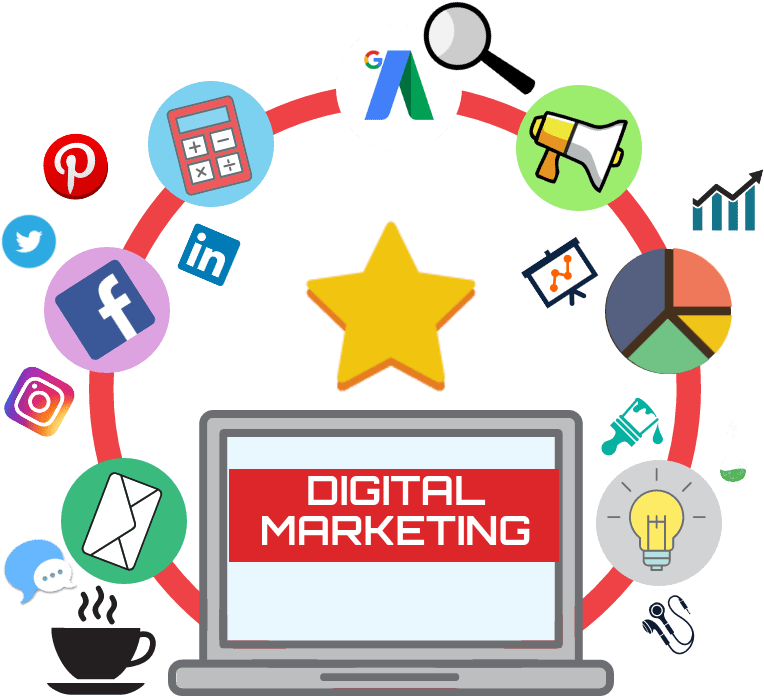 Digital Marketing Elements Around Laptop PNG image