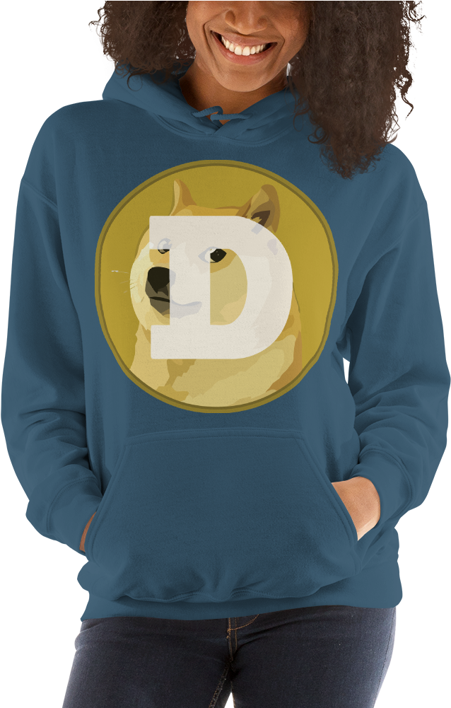 Dogecoin Logo Hoodie Wornby Woman PNG image