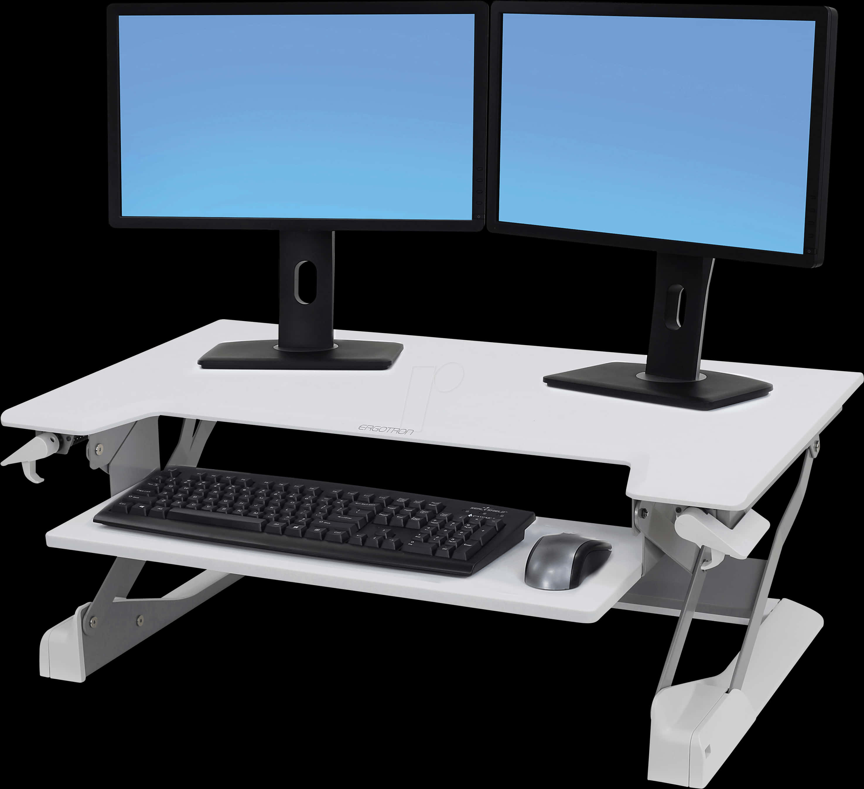 Dual Monitor Standing Desk Setup PNG image