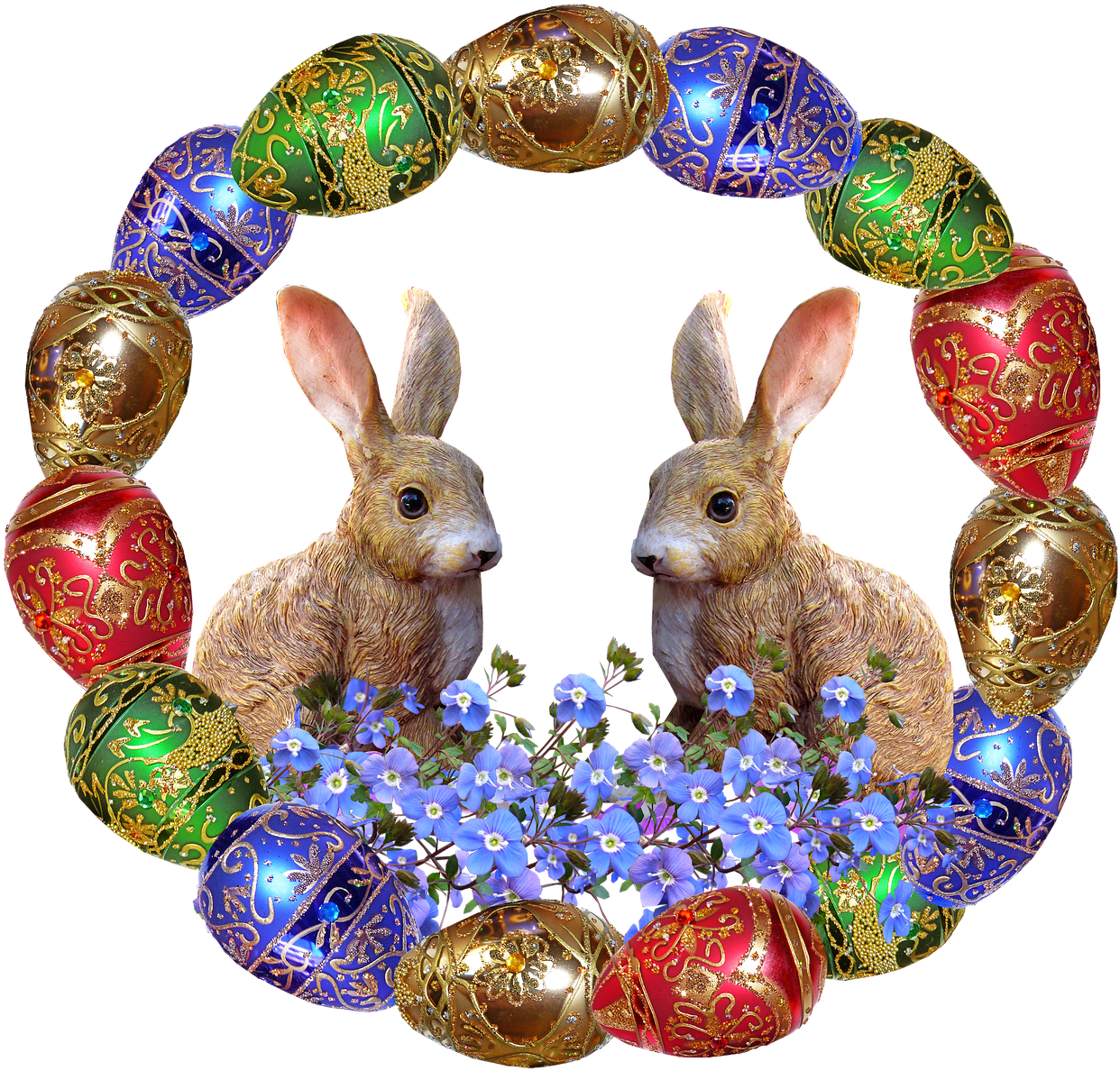 Easter Bunniesand Decorated Eggs PNG image